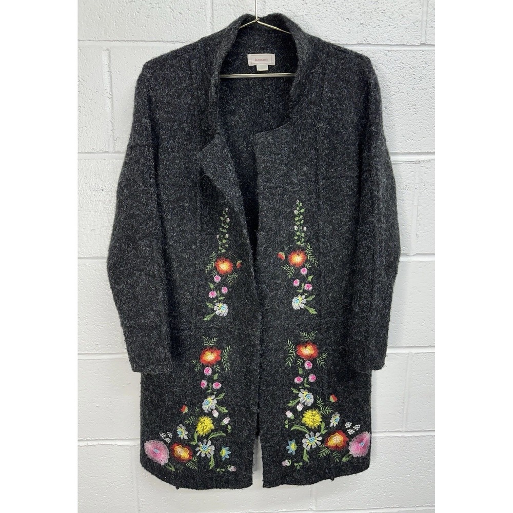 Kamana Open Front Embroidered Floral‎ Gray Lagenlook Coat / Women's Small